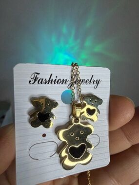 Fashion Jewelry Gold Teddy Bear Necklace and Earring Set